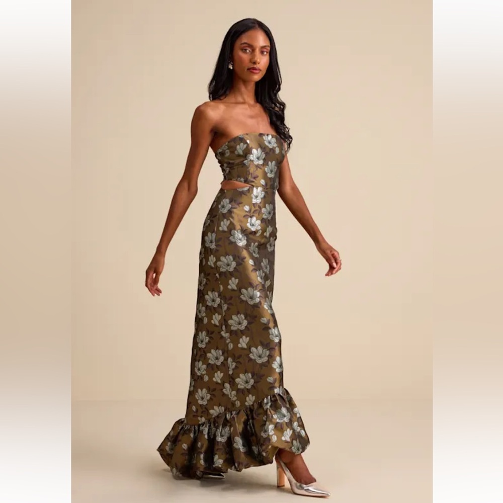 Lulu's Olive and Silver Floral Jacquard Dress